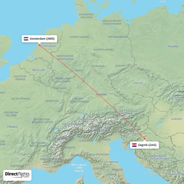 Zagreb - Amsterdam direct flight map