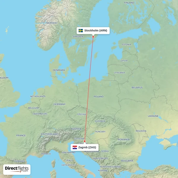 Zagreb - Stockholm direct flight map