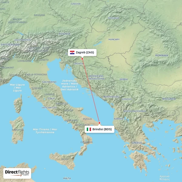 Zagreb - Brindisi direct flight map