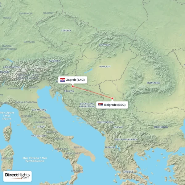 Zagreb - Belgrade direct flight map