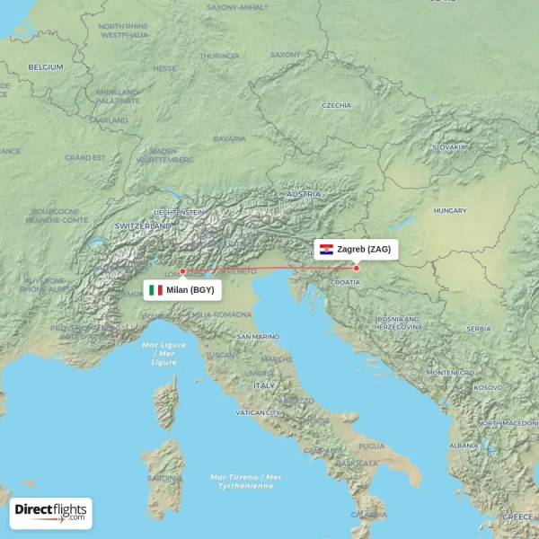 Zagreb - Milan direct flight map