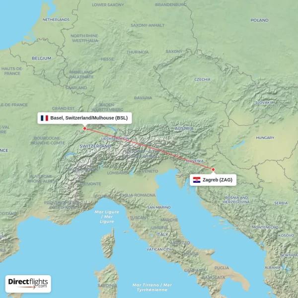 Zagreb - Basel, Switzerland/Mulhouse direct flight map