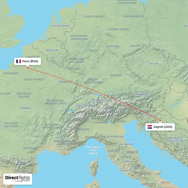 Zagreb - Paris direct flight map