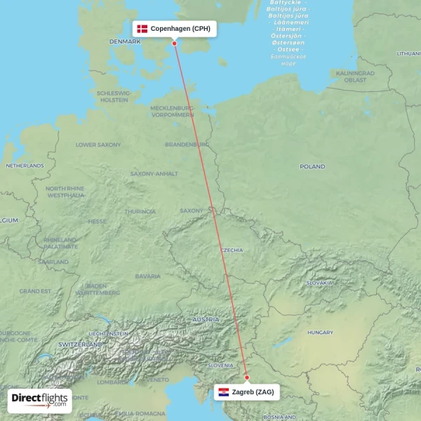 Zagreb - Copenhagen direct flight map