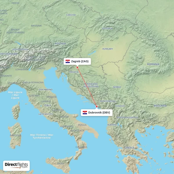 Zagreb - Dubrovnik direct flight map