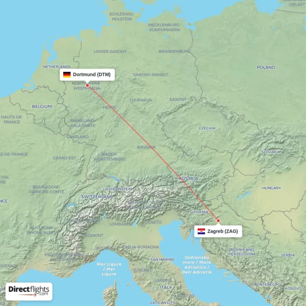 Zagreb - Dortmund direct flight map