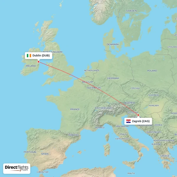 Zagreb - Dublin direct flight map