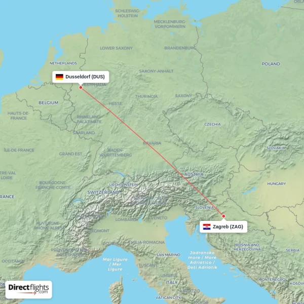 Zagreb - Dusseldorf direct flight map