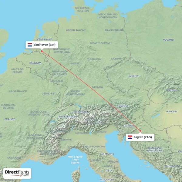 Zagreb - Eindhoven direct flight map