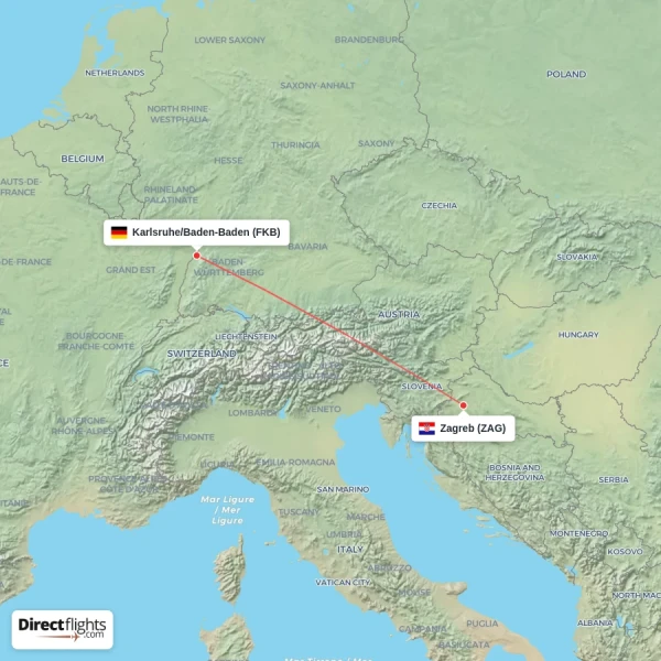 Zagreb - Karlsruhe/Baden-Baden direct flight map