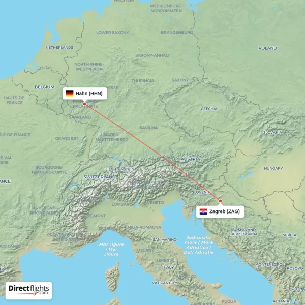 Zagreb - Hahn direct flight map