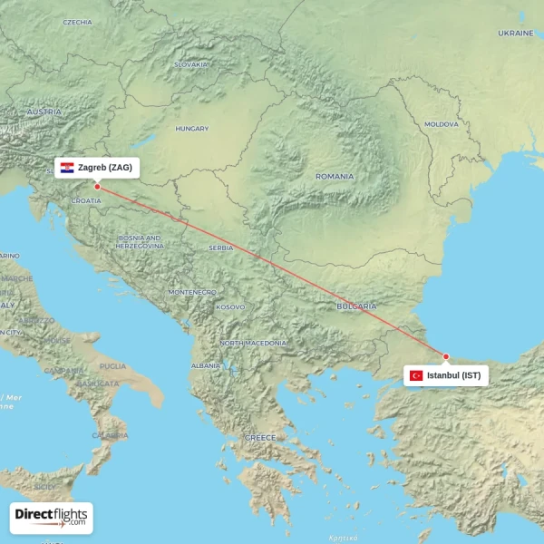 Zagreb - Istanbul direct flight map