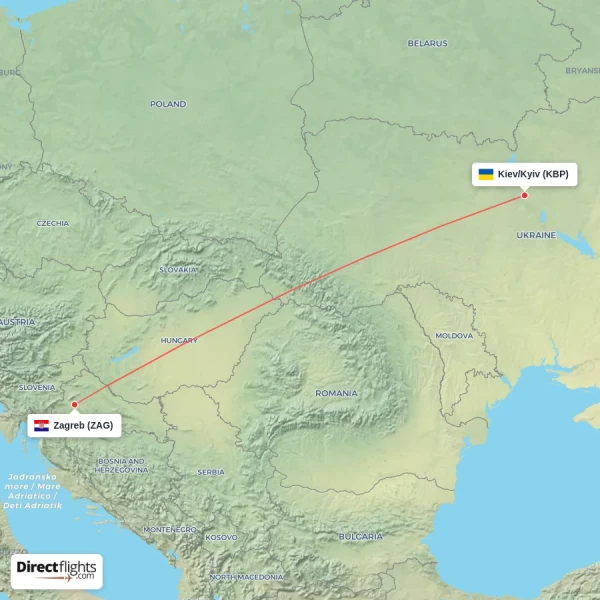 Zagreb - Kiev/Kyiv direct flight map