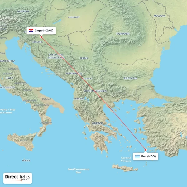 Zagreb - Kos direct flight map