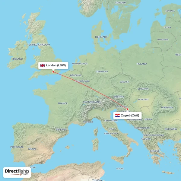 Zagreb - London direct flight map