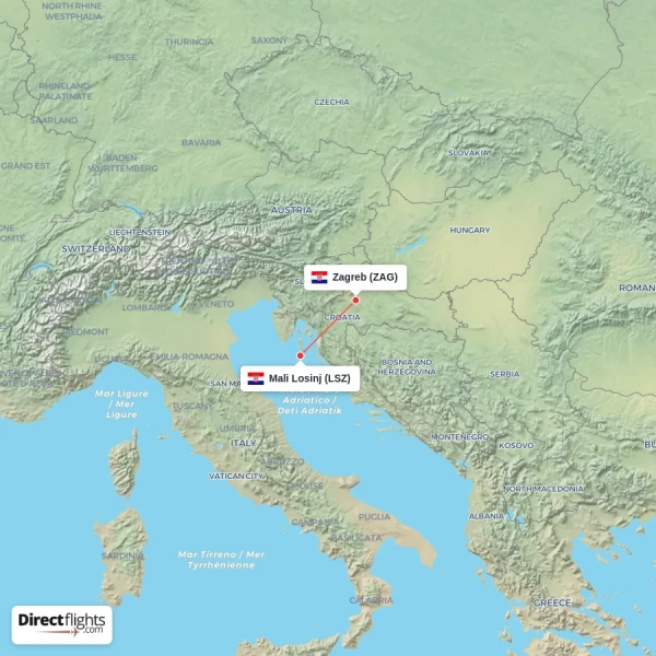 Zagreb - Mali Losinj direct flight map