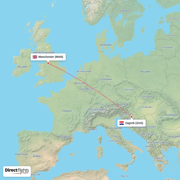 Zagreb - Manchester direct flight map