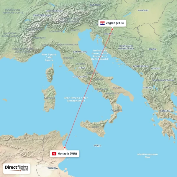 Zagreb - Monastir direct flight map