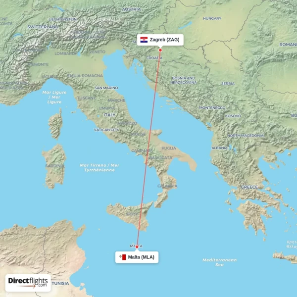 Zagreb - Malta direct flight map