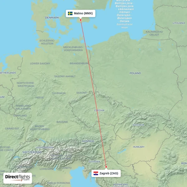 Zagreb - Malmo direct flight map