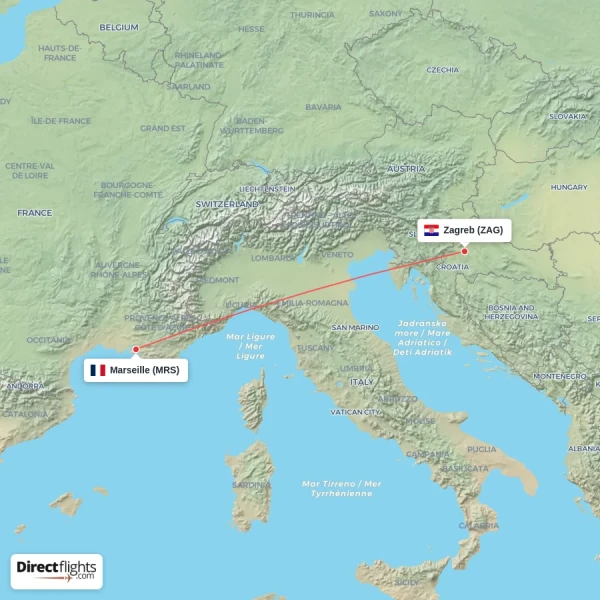 Zagreb - Marseille direct flight map