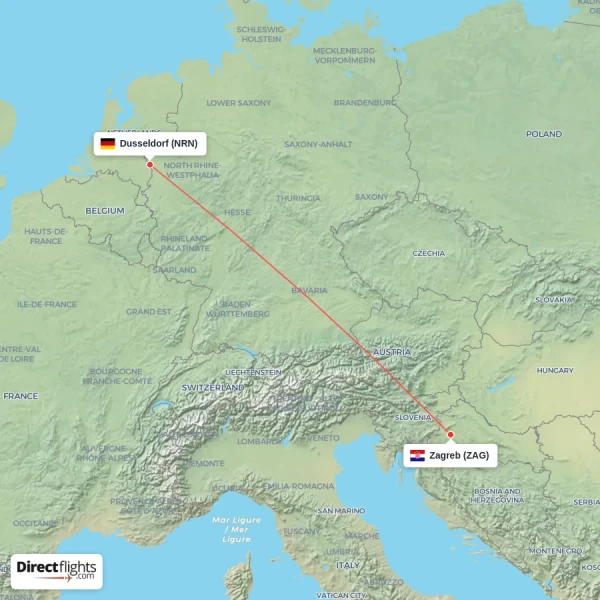 Zagreb - Dusseldorf direct flight map