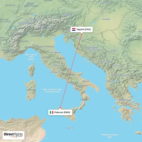 Zagreb - Palermo direct flight map