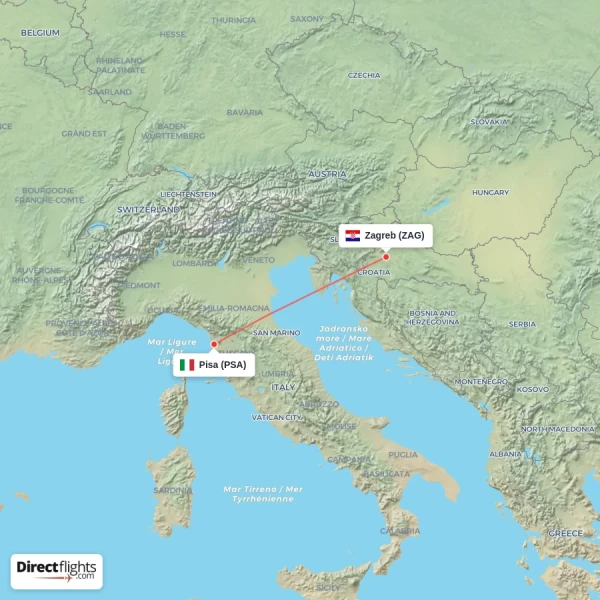 Zagreb - Pisa direct flight map
