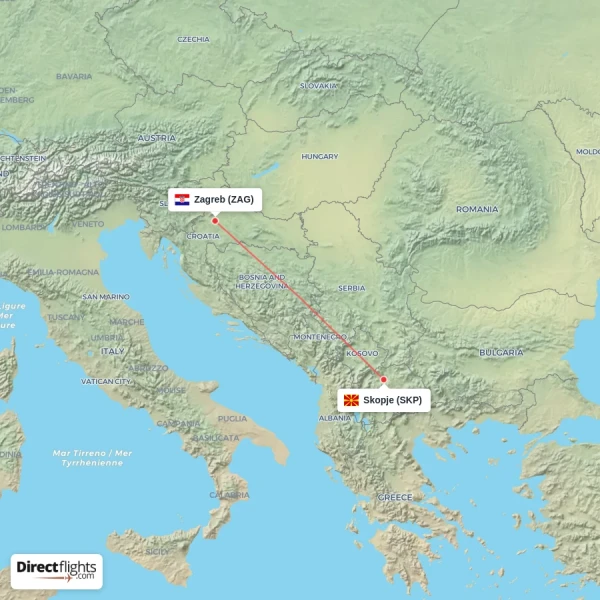Zagreb - Skopje direct flight map