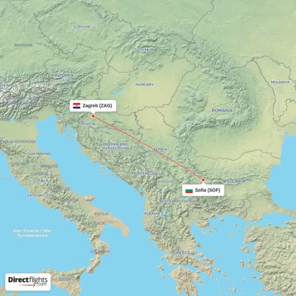 Zagreb - Sofia direct flight map