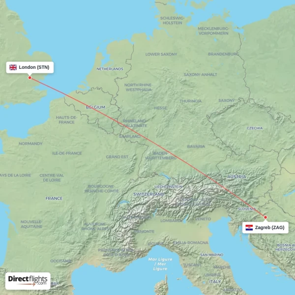 Zagreb - London direct flight map