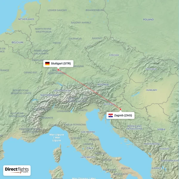 Zagreb - Stuttgart direct flight map