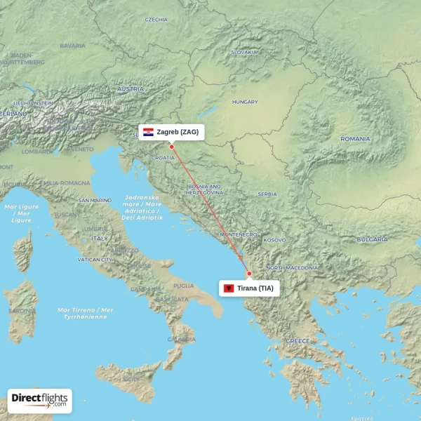 Zagreb - Tirana direct flight map