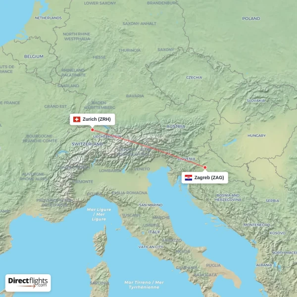 Zagreb - Zurich direct flight map