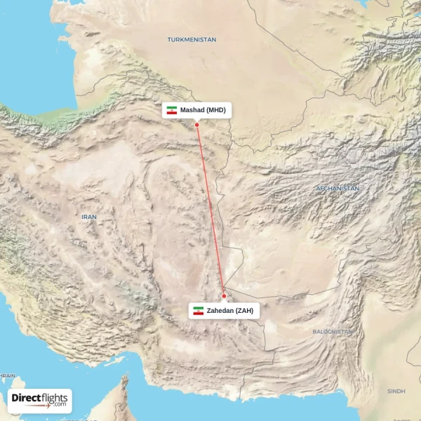 Zahedan - Mashad direct flight map
