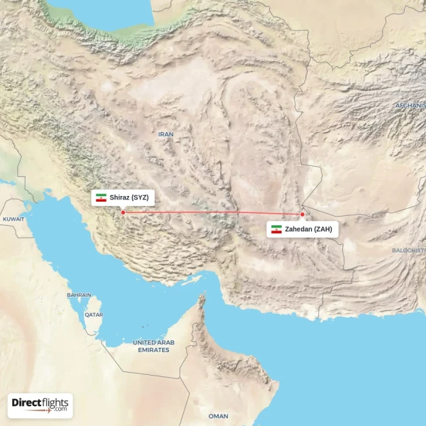Zahedan - Shiraz direct flight map