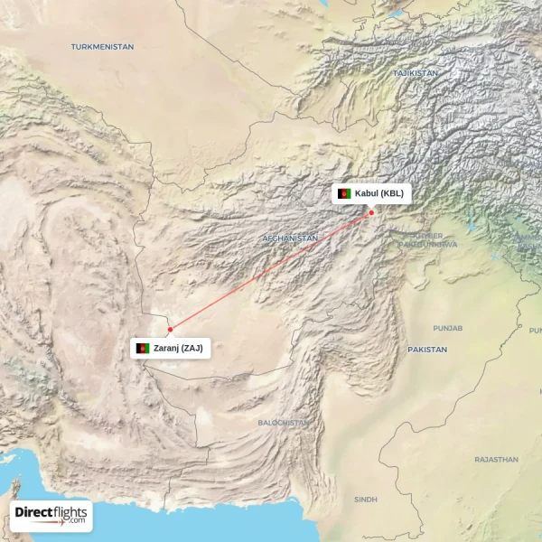 Zaranj - Kabul direct flight map