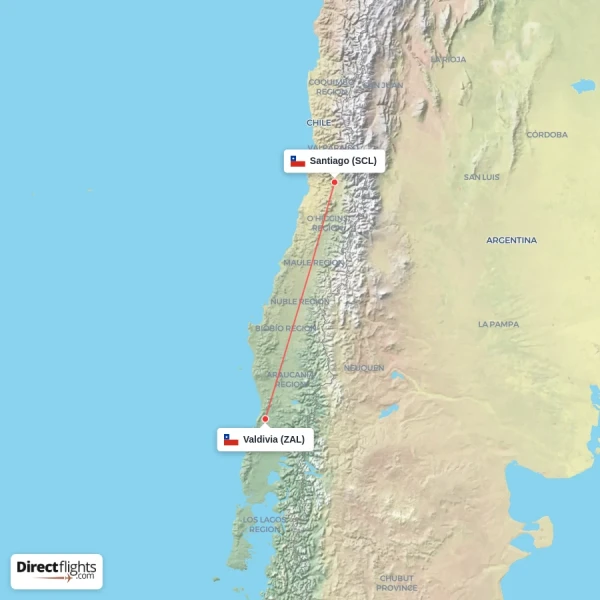 Valdivia - Santiago direct flight map