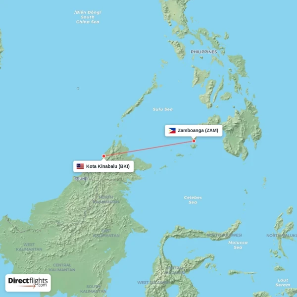 Zamboanga - Kota Kinabalu direct flight map