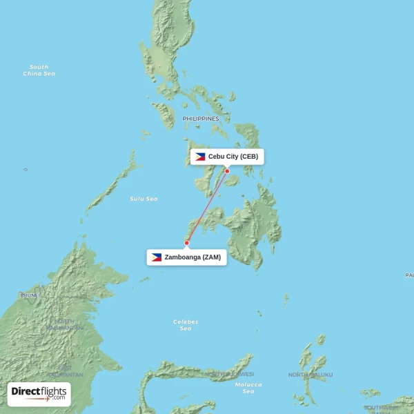 Zamboanga - Cebu City direct flight map