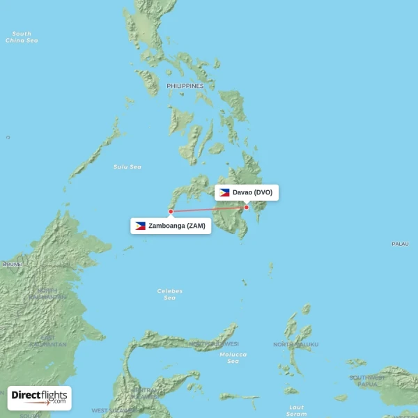 Zamboanga - Davao direct flight map