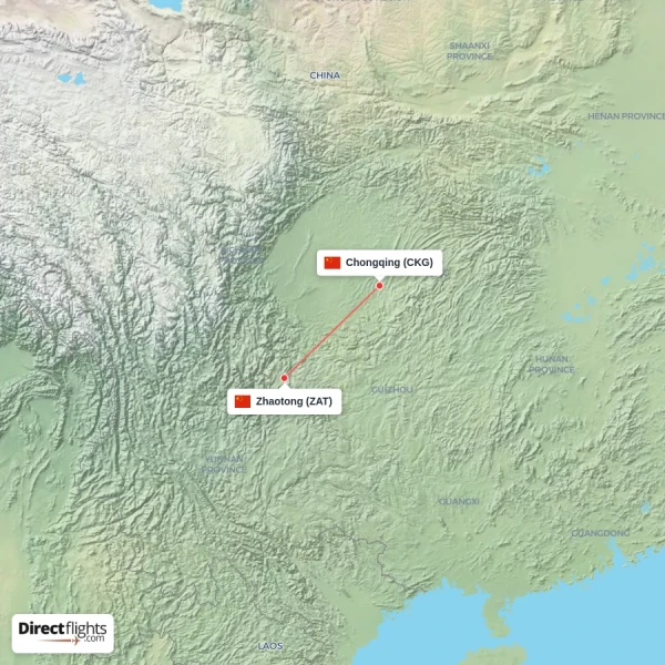 Zhaotong - Chongqing direct flight map
