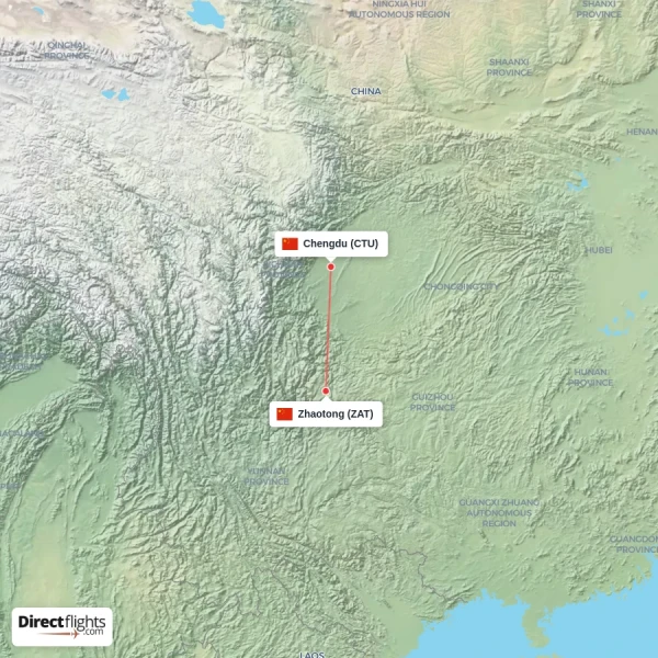 Zhaotong - Chengdu direct flight map