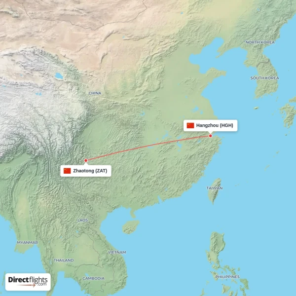 Zhaotong - Hangzhou direct flight map