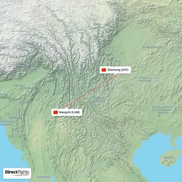 Zhaotong - Mangshi direct flight map