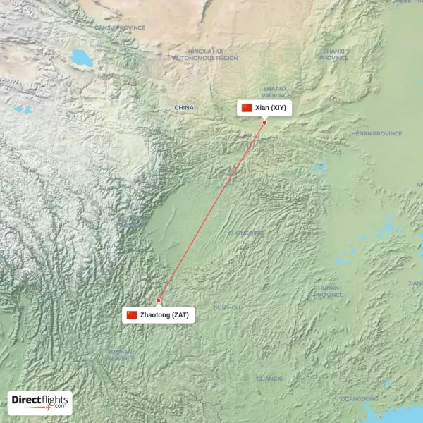 Zhaotong - Xian direct flight map