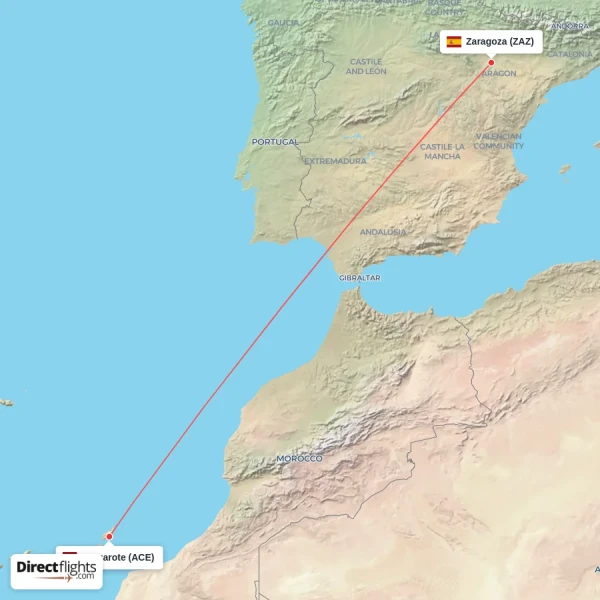 Zaragoza - Lanzarote direct flight map