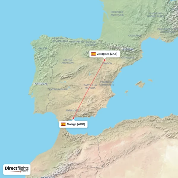 Zaragoza - Malaga direct flight map