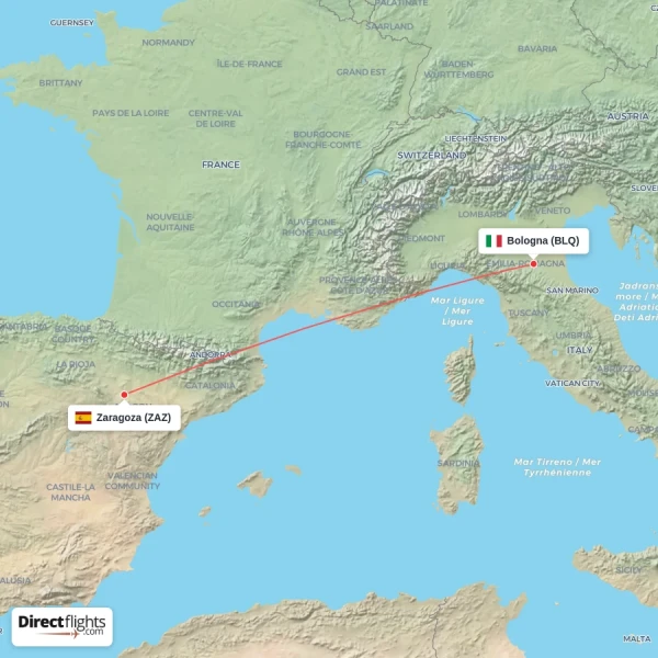 Zaragoza - Bologna direct flight map