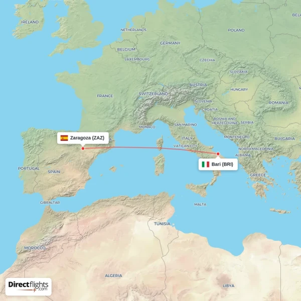 Zaragoza - Bari direct flight map
